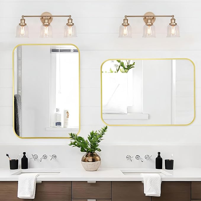 Matte Gold Mirror, 26x38 Inch Brushed Gold Mirror, Aluminum Alloy Framed Vanity Mirror, Rounded Rectangle Bathroom Mirror for Over Sink, Anti-Rust Wall Mirror (Horizontally or Vertically)