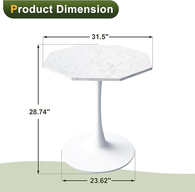 Dining Table for 2-4, 31.5" Kitchen Table with Printed Marble Top, Modern Tables for Dining Room, Living Room, Coffee Bar, White