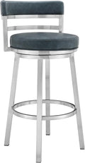 Armen Living Titana 26" Counter Height Swivel Blue Faux Leather and Brushed Stainless Steel Bar Stool