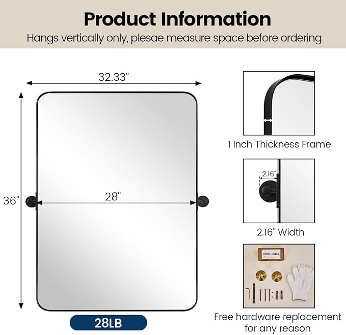 MOON MIRROR Matte Black Pivot Mirror Bathroom, Bathroom Tilt Rounded Rectangular for Vanity, Overall 32.33 x 36 in (Mirror 28x36 in)