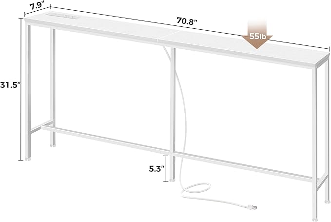 SUPERJARE 70 Inch Console Table with Outlet, Sofa Table with Charging Station, Narrow Entryway Table, Skinny Hallway Table, Behind Couch Table, for Living Room, White