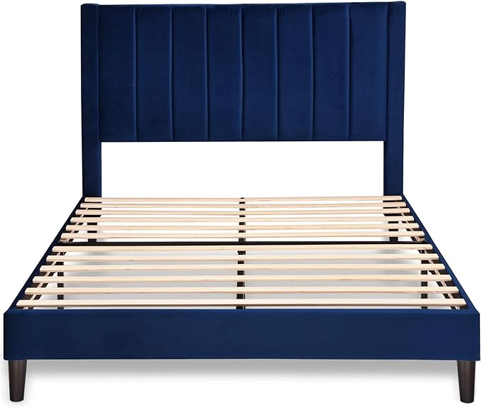 SHA CERLIN Queen Bed Frame/Velvet Upholstered Platform Bed Frame with Headboard/Strong Wood Slats Support/Mattress Foundation/No Box Spring Needed - Dark Blue