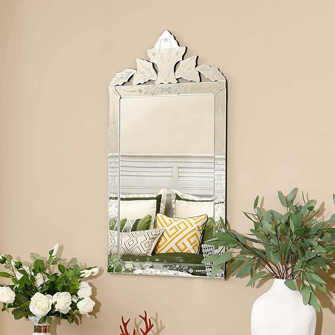 KOHROS Bathroom Vanity Decorative Mirrors for Wall Decor 42" x 24" Venetian Wall Mirror with Floral Etched Design Crown Top Frameless Wall Mirror for Bedroom Bathroom Vanity