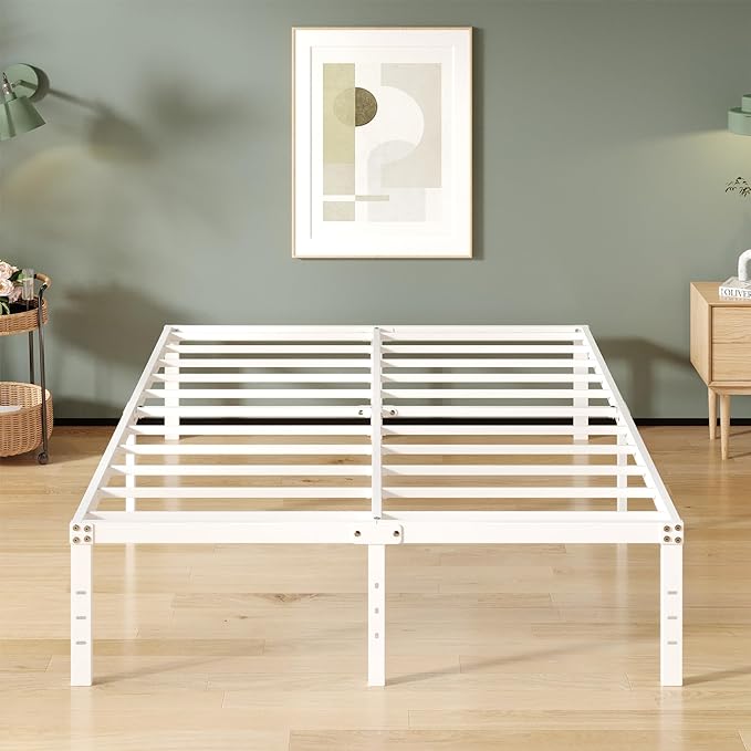 16 Inch White Queen Bed Frame No Box Spring Required, Metal Platform Queen Size Bed Frames with High Storage, Eassy Assembly 3,500 lbs Heavy Duty Bedframes