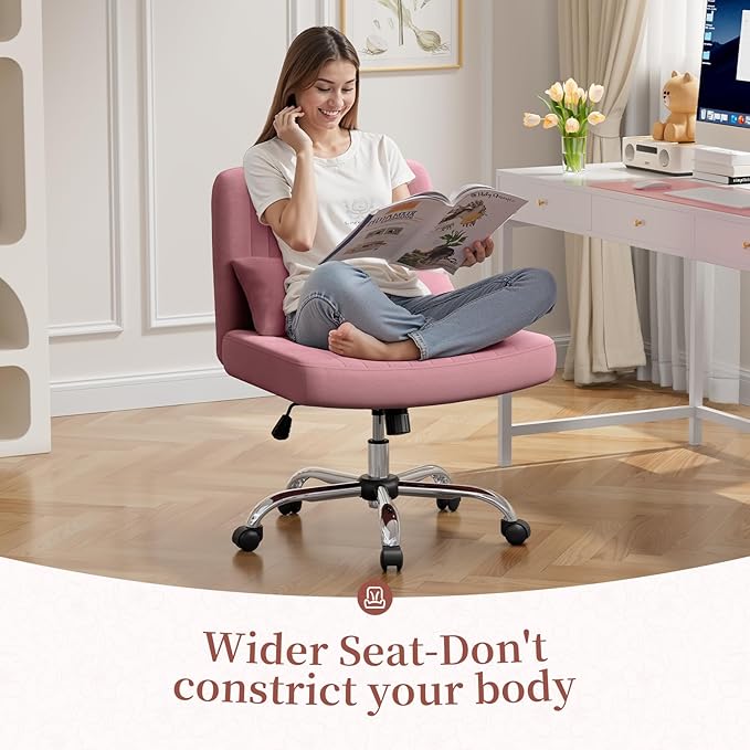 Warmiehomy Criss Cross Office Chair with Wheels, Velvet Cross-Legged Desk Chairs for Home, Height Adjustable Swivel Wide Seat Computer Chair, Modern Armless Vanity Chair for Girls Women, Rose Pink