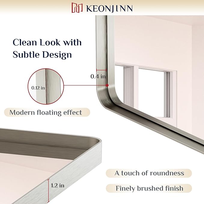 Keonjinn Brushed Nickel Mirror 48” x 24” Silver Bathroom Mirror for Over Sink, Rounded Rectangle Farmhouse Vanity Mirror, HD Tempered Glass, Metal Framed Full Length Wall Mirror(Horizontal/Vertical)