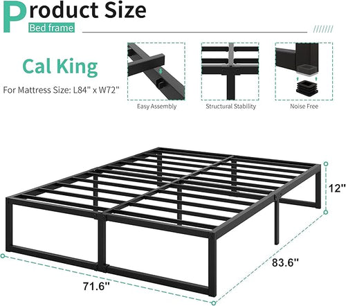 12 Inch California King Bed Frames No Box Spring Needed Heavy Duty Metal Cal King Platform for Mattress Foundation, Noise Free, Easy Assembly, Black