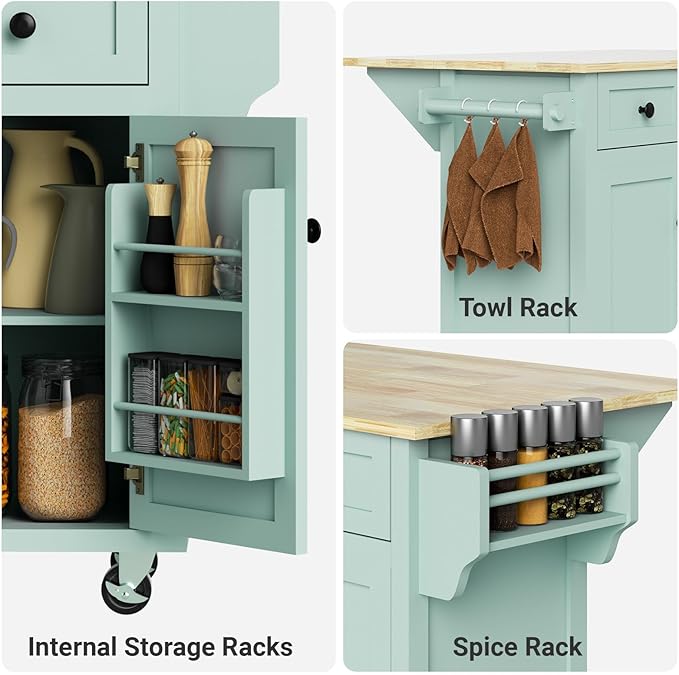 Rovibek Rolling Kitchen Island with Drawer, Kitchen Island Cart with Storage, Portabl Island for Kitchen with Large Storage Cabinet, Shelf and Drawer, 53 Inch Width, Green