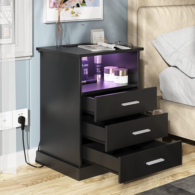 Black LED Nightstand with Charging Station, Side Table with 3 Drawers and Light, End Table with Open Storage, Beside Cabinet for Bedroom (Black 2 Set)
