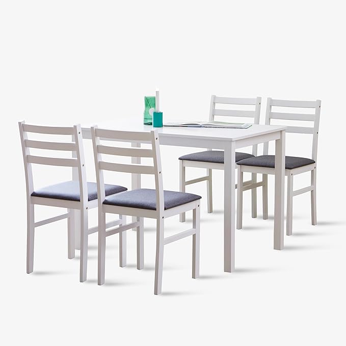 Livinia Seattle 5-Piece Wooden Dining Table Set for 4, Modern Farmhouse Kitchen Dining Room Set with Solid Wood Ladder Back Chairs for Small Space (White)