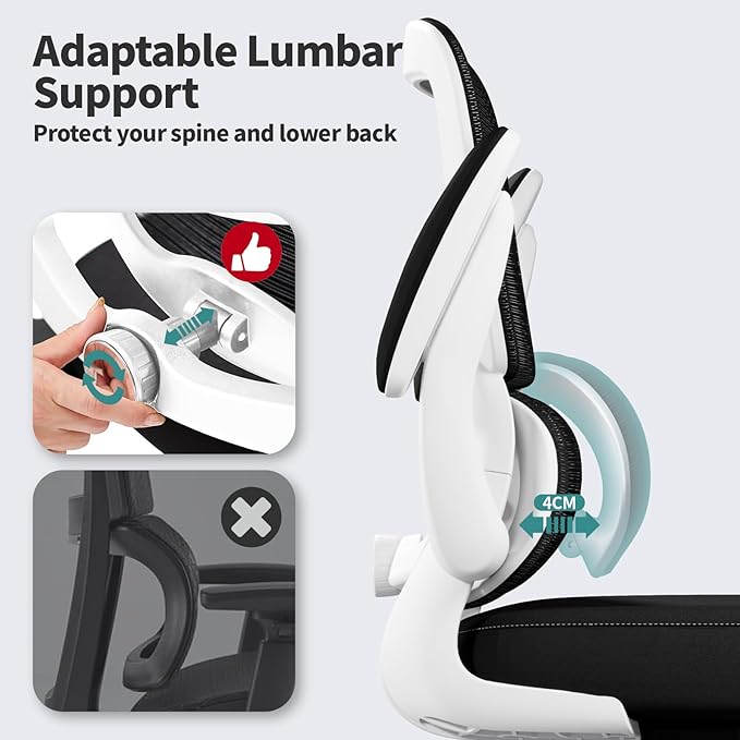 TRALT Office Chair - Ergonomic Desk Chair with Adjustable Lumbar Support, Mesh Computer Chair, Executive Chairs for Home Office Comfortable Lumbar Support (White+Black)