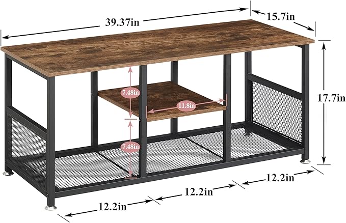 VECELO TV Stand Up to 50 Inches, 39 Inch Industrial Entertainment Center Media Console with Open Storage Shelves, Wooden Coffee Table with Metal Frame, Brown