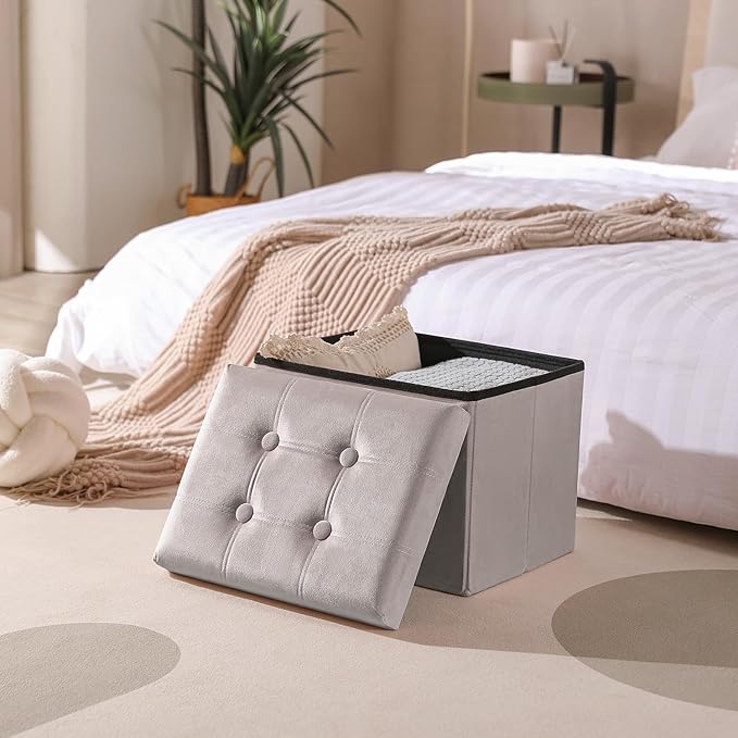 PRANDOM Ottoman with Storage [1-Pack] Velvet Folding Small Square Foot Stool with Lid for Living Room Bedroom Coffee Table Dorm Light Grey 17x13x13 inches
