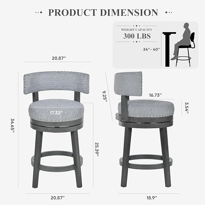 COLAMY Swivel Counter Height Bar Stools Set of 4, 25 Inch Modern Upholstered Kitchen Island Barstools with Back, Wood Swivel Bar Chairs for Counter Bar Dining Room, Grey