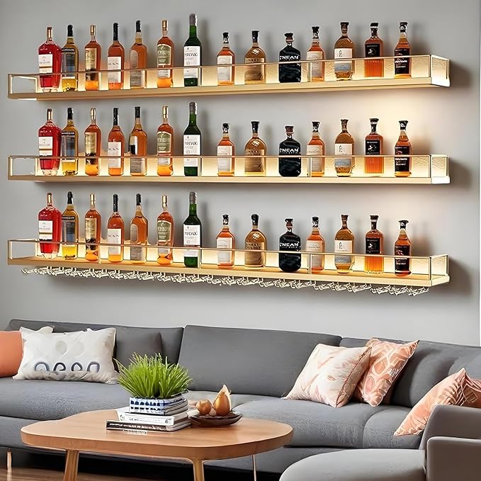 78.7in Wall-Mounted Metal Wine Rack with LED Lights 3-Tier Floating Bar Shelves with Wine Glass Rack Large Wine Bottle Display Rack Hanging Shelf, for Home Bar Decorative (Gold, 200cm/78.7in)