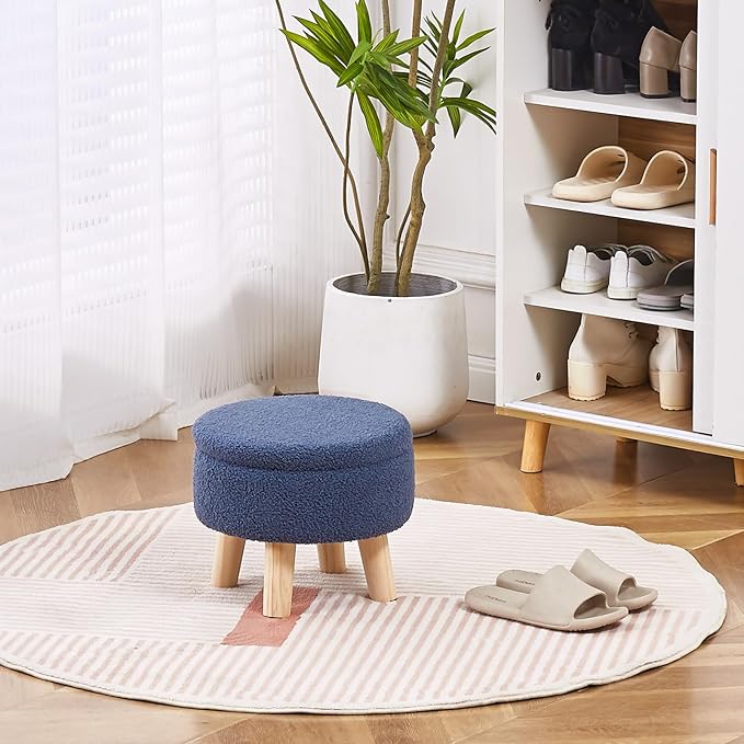 Wimarsbon Storage Ottoman, Modern Round Footrest with Soft Padded Seat, Teddy Velvet Footstool with Wood Legs, Accent Small Table or Plant Stand for Hallway, Living Room (Grey-Blue)