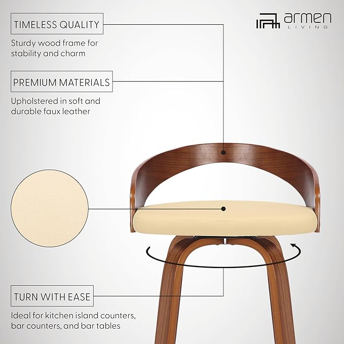 Armen Living Sonia 26" Counter Height Swivel Cream Faux Leather and Walnut Wood Bar Stool - Set of 4