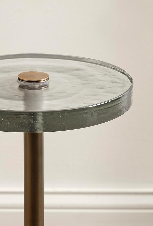 Kate and Laurel Xyler Modern Round Metal and Glass Drink Table, 10 x 10 x 24, Clear Glass and Antique Brass, Transitional Plant Pedestal Table for Use as Indoor Plant Stand or Small Bathtub Table