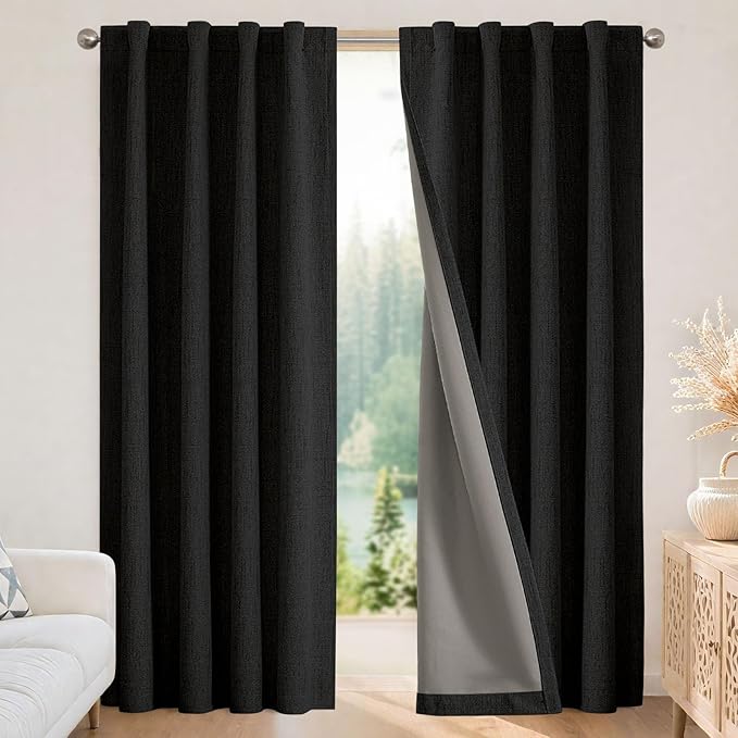 Joydeco 100% Blackout Curtains for Bedroom - Natural Linen Curtains 52" W x 108" L Long, Thermal Insulated 2 Panels Black Light Blocking Drapes, Rod Pocket & Back Tabs for Living Room