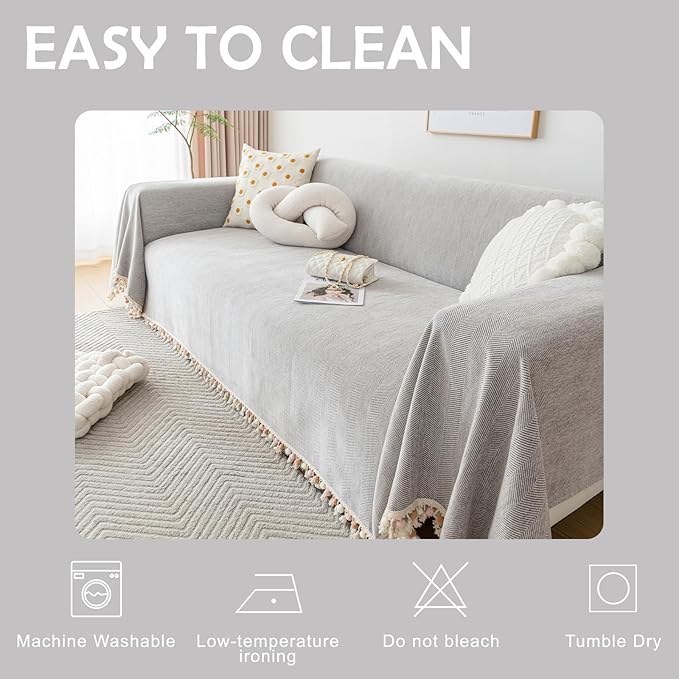 HANDONTIME Grey Sofa Cover for Couch Boho Couch Cover for 3 Seat Dog Couch Cover Love Seat Couch Covers Light Grey Sofa Sectional Cover 71" X118" Tassel Chenille Herringbone Sofa Covers Washable