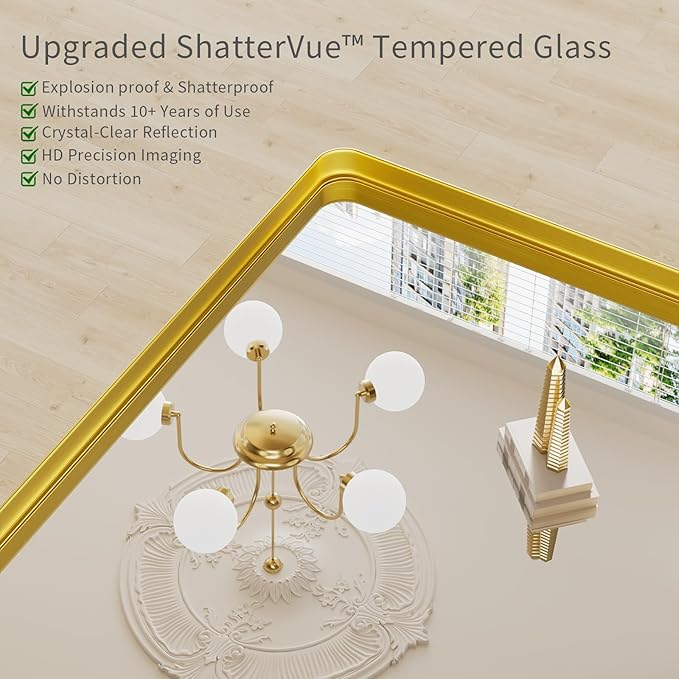 Koonmi Gold Bathroom Mirror for Wall, 36x48 Inch Matte Metal Deep Framed Rounded Corner Wall Mirror, Shatterproof Tempered Glass for Farmhouse Bedroom Entryway, Vertically or Horizontally