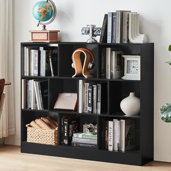 YAHARBO Black Wide Bookshelf,3 Tier Modern Horizontal Bookcase,Wood Low Bookshelves Display Storage Cabinet with Base,Floor Standing 10 Cube Large Bookcases Organizer for Bedroom,Living Room,Office
