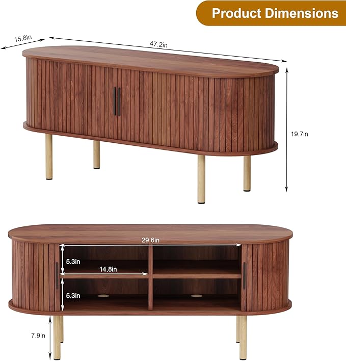 47.2" TV Stand, Modern TV Console Table with Storage Compartment and Sliding Door, Gaming Entertainment Center with Cabinet for Living Room, Bedroom, Office, Walnut