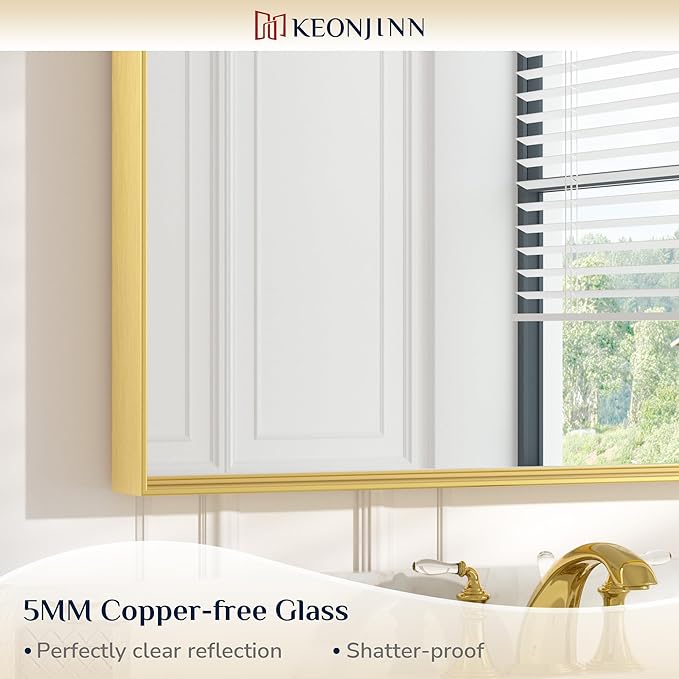 Keonjinn 24 x 36 Inch Brushed Gold Bathroom Mirror Gold Wall Mounted Vanity Mirror Metal Framed Rectangular Mirror for Bathroom Gold Rectangle Mirror with Aluminum Alloy Frame(Horizontal/Vertical)