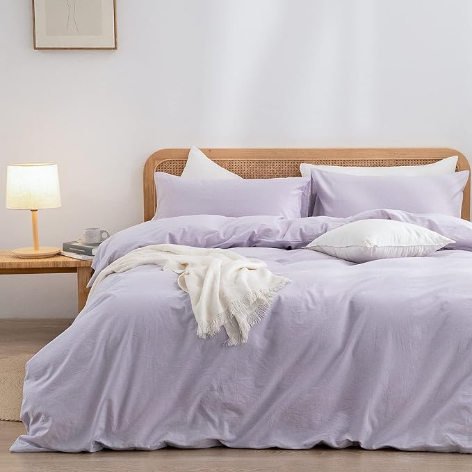BESTOUCH Duvet Cover Set 100% Washed Cotton Linen Feel Super Soft Comfortable Chic Lightweight 3 PCs Home Bedding Set Solid Taro Purple King