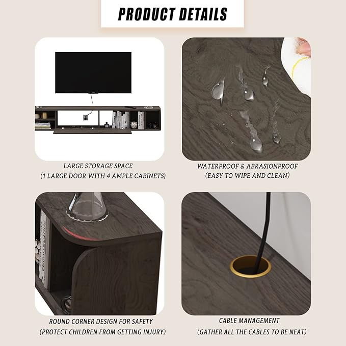 Floating TV Unit, 58'' Wall Mounted TV Cabinet, Floating Shelves with 4 Cabinets, Wooden Entertainment Media Console Center Large Storage TV Bench for Living Room & Office (58IN, Dark Grey)