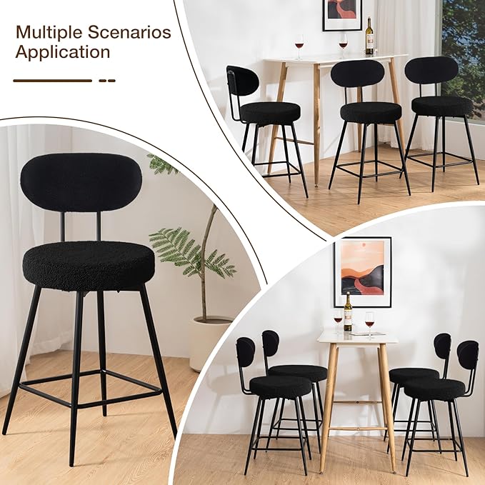 HOMMPA Counter Height Swivel Bar Stools Set of 2 Boucle Barstools 26'' Upholstered Modern Counter Barstools with Back Metal Legs Bar Stools Chairs for Kitchen Counter Island Black
