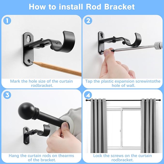 Curtain Rods for Windows 16 to 136 Inches, Curtain Rod Max Adjustable Length of 144 IN, 6/8" Diameter Drapery Rods Round Finials, Black, Pack of 1