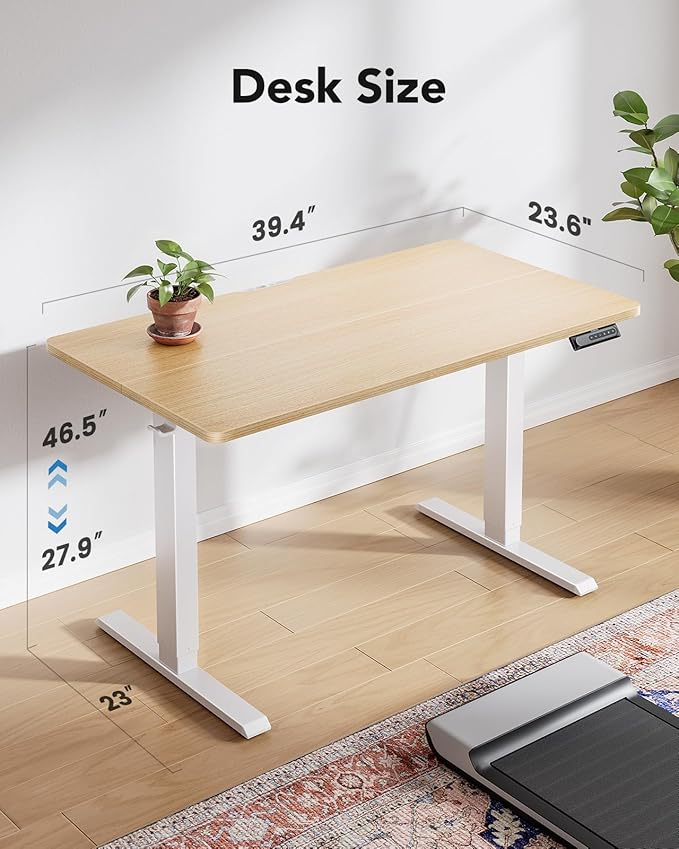 HUANUO 40" x 24" Electric Standing Desk Adjustable Height, 4 Memory Height Settings, Headphone Hook, Cable Manager, Sit Stand Up Desk for Home Office & Computer Workstation, Natural