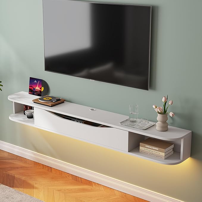 Floating TV Stand,94'' Wall Mounted TV Cabinet,Floating TV Console,Under TV Shelf with 1 Door and 2 Cabinets for TVs up to 90''(White)