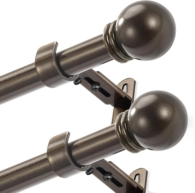 Curtain Rods for Windows 16 to 136 Inches, Curtain Rod Max Adjustable Length of 144 IN, 1" Diameter Drapery Rods Round Finials, Brown, Pack of 2