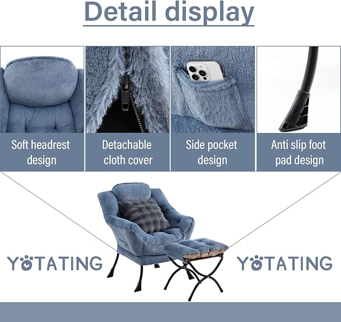 Lazy Chair with Ottoman, Comfy Reading Chair with Footstool & Throw Pillow Modern Lounge Accent Chair with Armrests & Side Pocket for Living Room, Bedroom, Dorm Room, Office