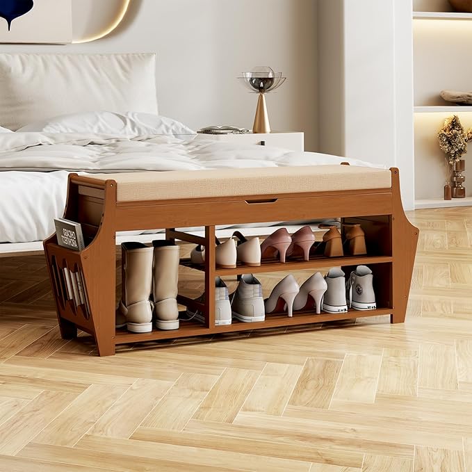 39.4in Shoe Bench with 2 Side Holder, 3 Tier Bamboo Entryway Bench with Storage, Shoe Rack Bench Organizer with Cushion for Entryway Hallway Living Room, Holds up to 330lbs