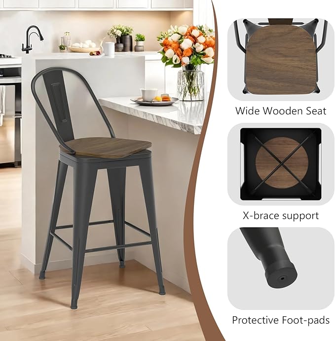 24” Swivel Bar Stools Set of 4, Counter Height Bar Stools Wooden Seat, Metal Industrial Bar Chairs with High Back for Kitchen Island (Black)