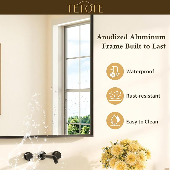 TETOTE Black Bathroom Vanity Mirror Beveled Frame 42" x 36" Black Rectangle Metal Framed Bathroom Wall Mirror for Over Sink, Tempered Glass, Modern Farmhouse Bedroom, Entryway, Living Room