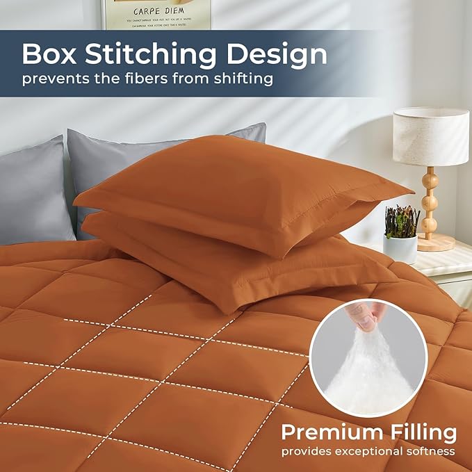 HEVUMYI Twin-XL Comforter Set - 5-Piece All Season Bed in a Bag Twin-XL, Ultra Soft Bedding Set with Comforter, Flat Sheet, Fitted Sheet, Pillowcases, Pillow Shams, Orange & Light Grey