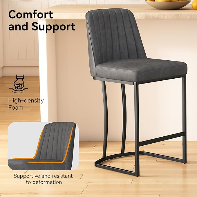 Bar Stools Set of 4, Faux Leather Counter Height Barstools, Upholstered Kitchen Counter Stools with Back and Stitching, 25.6" H Kitchen Island Stools Bar Chair, Metal Framed, Black Grey