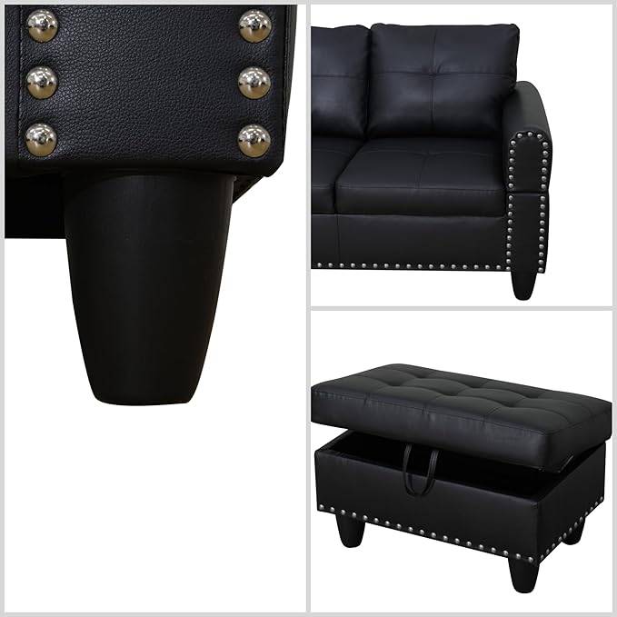 L Shaped Sectional Couches for Living Room, Modular 4 Seat Sofa with Ottoman Storage, Modern Couch with Chaise for Bedroom Apartment Furniture, Black