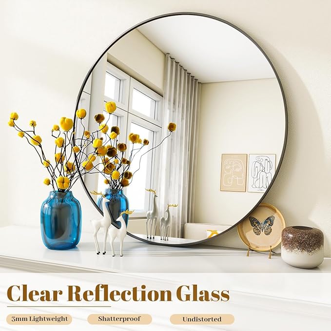 Black Round Bathroom Mirror, 20 inch Circle Wall Mounted Hanging Mirror with Simple Modern Circular Metal Frame for Hallway, Entryway, Living Room, Black Frame