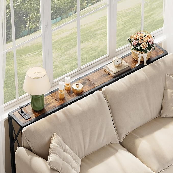 Console Table with Oulets and USB Ports, 55.1" Sofa Table Behind Couch, Industrial Long Skinny Stand for Hallway, Living Room, Bedroom, 6.5 Feet Power Cord, Rustic Brown