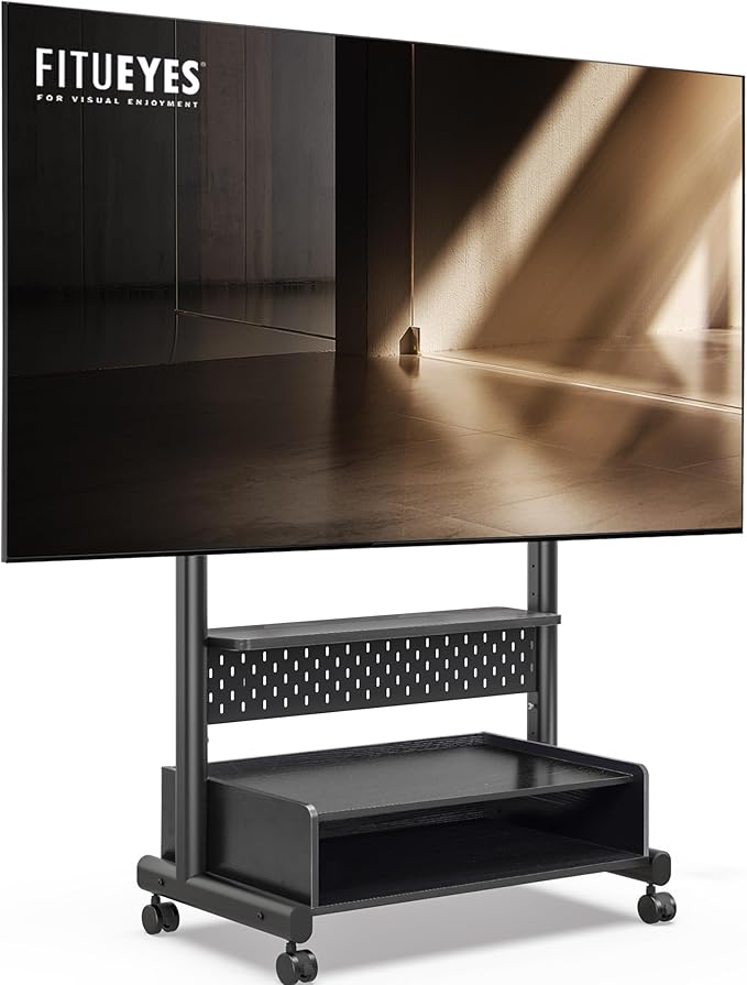 FITUEYES Rolling TV Floor Stand for 40-85in TVs, Heavy Duty Mobile TV Stand on Wheels Lockable, TV Cart with Wooden Large Storage Shelf & Pegboard Hold up to 132 lbs for Bedroom, Living Room, Office