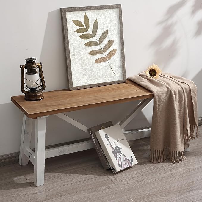 Wnutrees 43" Farmhouse Wood Bench, Narrow Bench, Long Bench Seat for Entryway, Living Room, Dining Room, Solid Wood, White