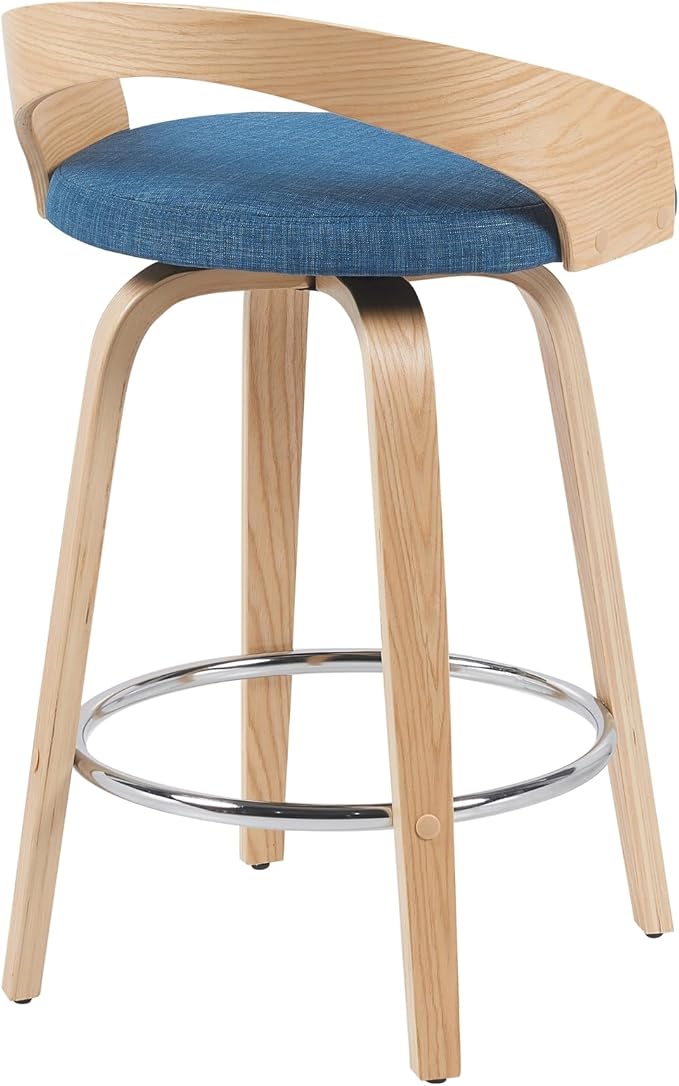 Armen Living Sonia Modern Swivel Counter Height Bar Stool with Blue Upholstered Seat and Patterned Oak Wood Finish