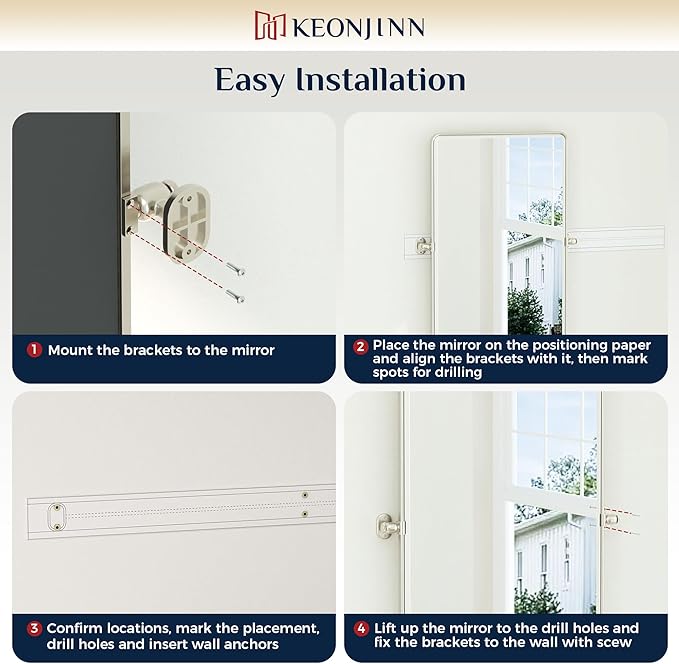 Keonjinn 40 x 30 Inch Large Pivot Mirror, Brushed Nickel Pivot Mirror Bathroom, Beveled Tilt Mirrors Bathroom for Over Sink, Rounded Corner Farmhouse Tilting Mirrors Wall Mount (Horizontal/Vertical)