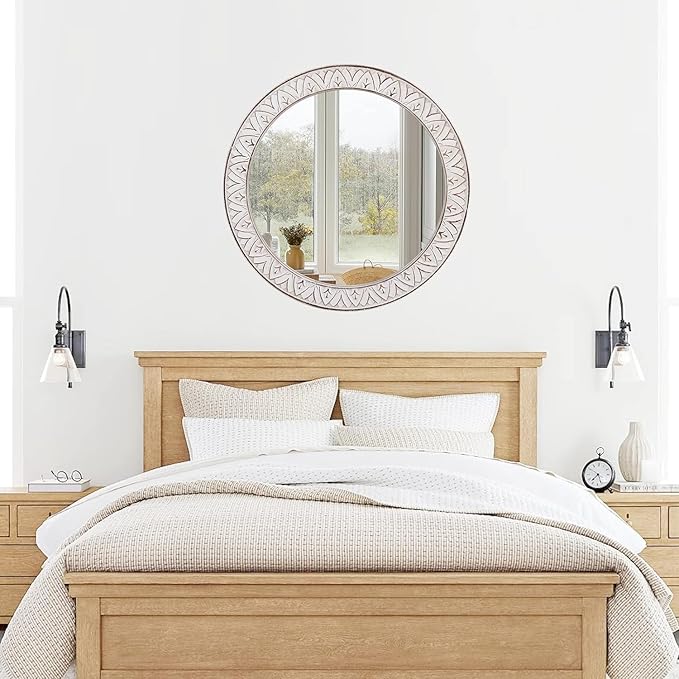 Mirror Round Wood 36 Inch Farmhouse Wood Frame Round Mirror Rustic Large Decorative Wall Mount Bathroom Mirror Antique Hanging Mirror for Living Room, Bedroom, Entryway
