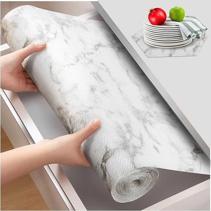 Beautysaid Shelf and Drawer Liner for Kitchen Cabinet, Non Adhesive Non Slip Shelf Paper Waterproof Washable Thickened for Dresser Pantry Shelve Bathroom Protector Liner(Marble,23.6 in x 20 FT)